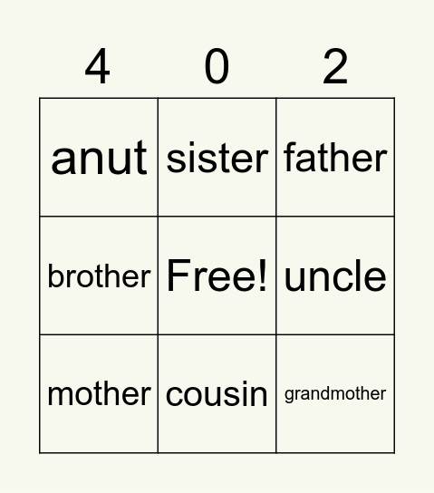 U4 Family Bingo Card