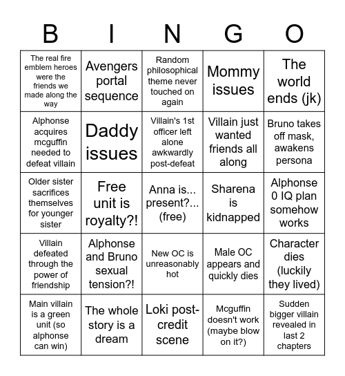 FEH Book Plot Bingo Card