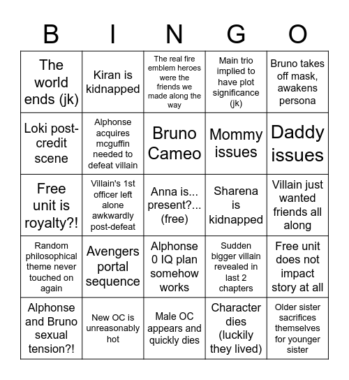 FEH Book Plot Bingo Card