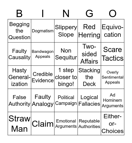 Fallacies of Argument Bingo Card