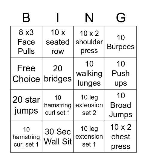 Gym Bingo Card