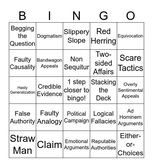 Fallacies of Argument Bingo Card