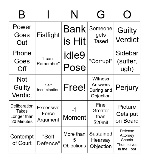 NoPixel Court: The People vs. Timmy Dang et all Bingo Card