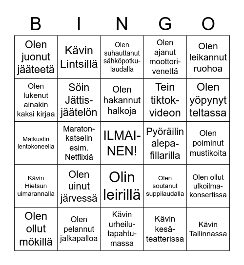 Mitä teit viime kesänä? Bingo Card