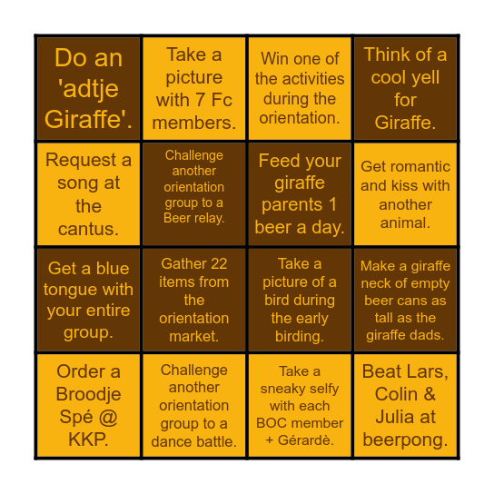 Giraffe Orientation Bingo! Bingo Card