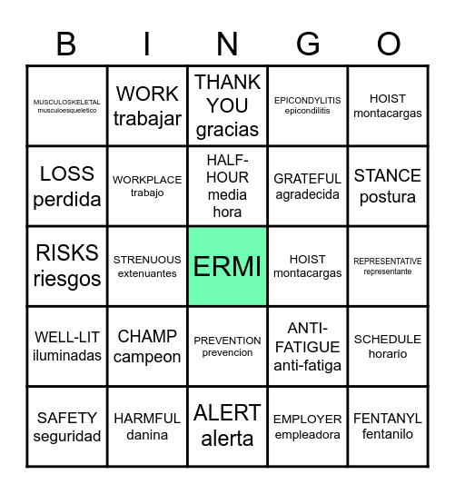 ERMI Workplace Ergonomics Bingo Card