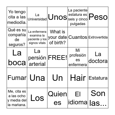 Chapter 1 Spanish Bingo Card
