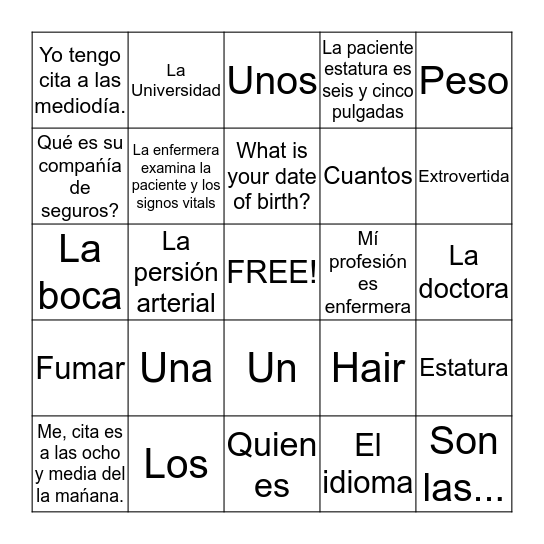 Chapter 1 Spanish Bingo Card