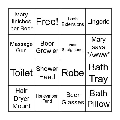 Mary's Bridal Shower Bingo Card
