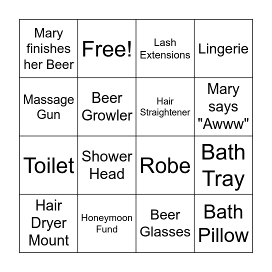 Mary's Bridal Shower Bingo Card