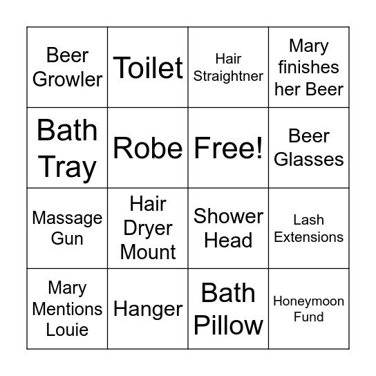 Mary's Bridal Shower Bingo Card