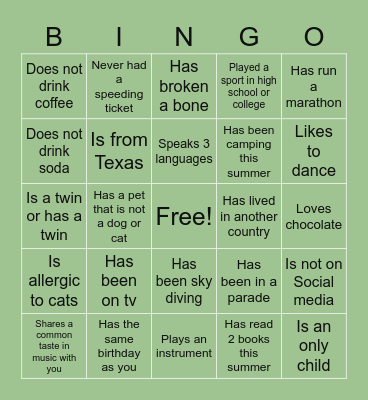 Getting to Know You Bingo Card