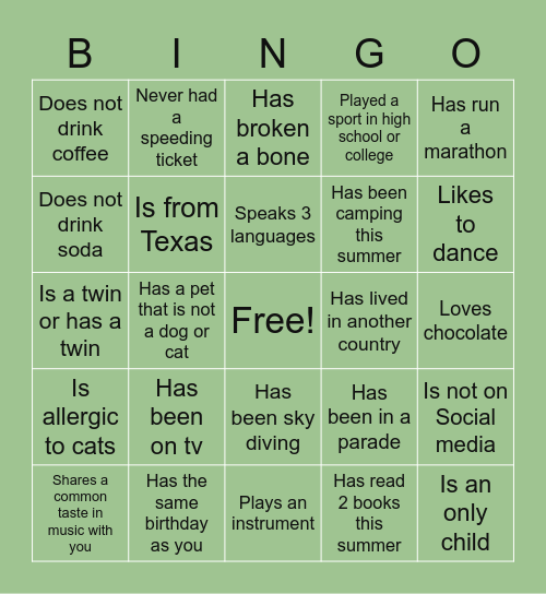 Getting to Know You Bingo Card