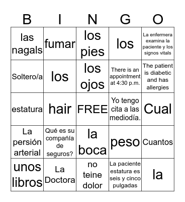 Chapter 1 Spanish Bingo Card