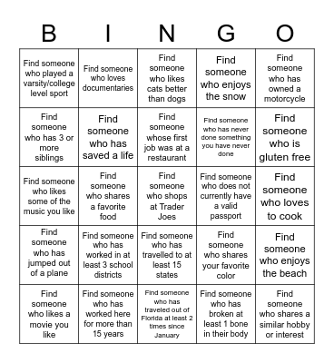 GETTING TO KNOW YOU Bingo Card