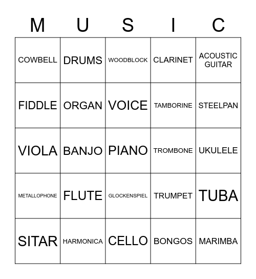 INSTRUMENTS Bingo Card