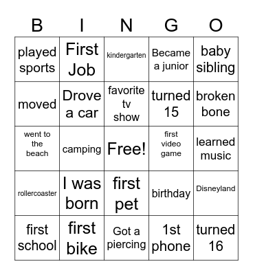 Life Map Bingo Card