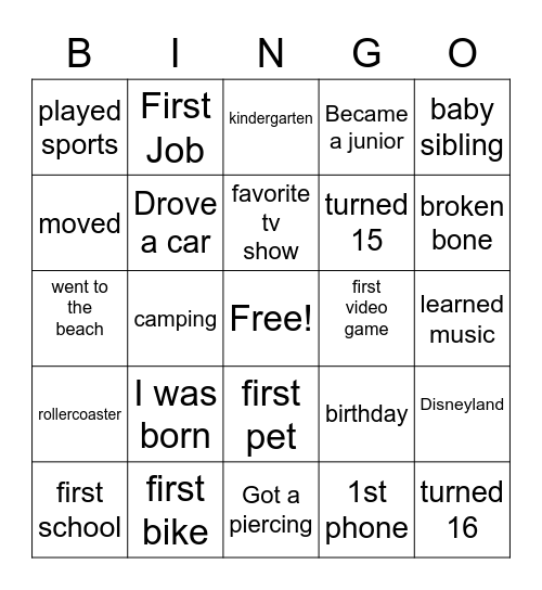 Life Map Bingo Card