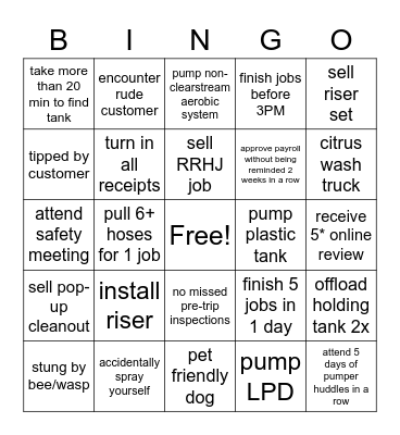 Pumpers Bingo Card