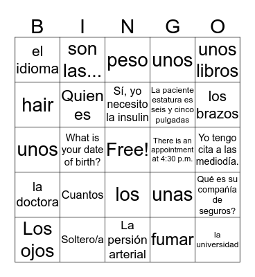 Chapter 1 Spanish Bingo Card