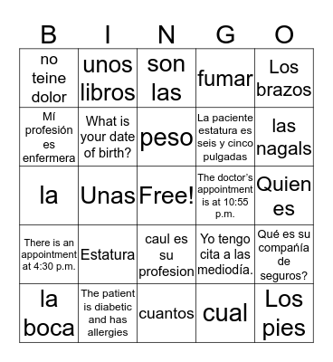 Chapter 1 Spanish Bingo Card