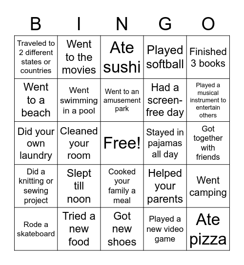 Back from Summer Bingo Card