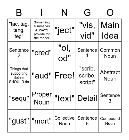 Quiz Review Bingo Card