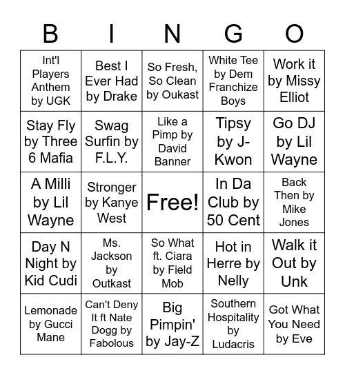 2000's Hip Hop Bingo Card