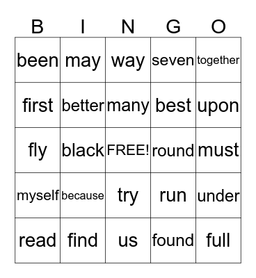 Sight Words Bingo Card