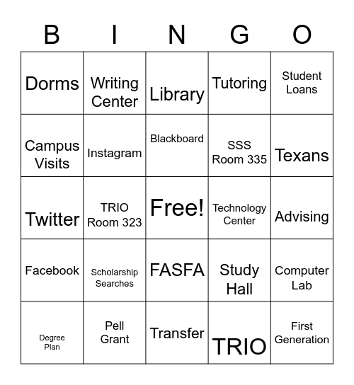 New Student Orientation Bingo Card