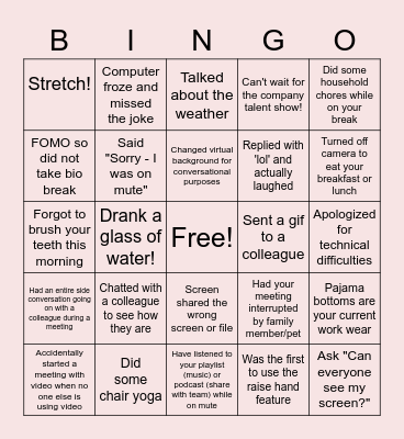 Remote Work Bingo Card