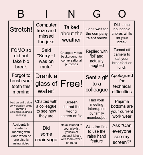 Remote Work Bingo Card