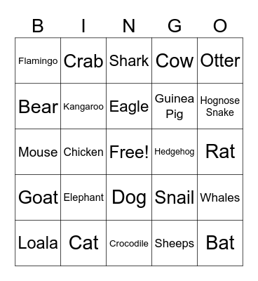 Animals Bingo Card