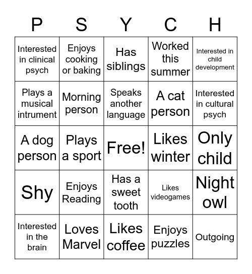 Psych Bingo Card