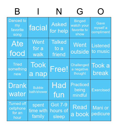 Personal Self-Care Bingo Card