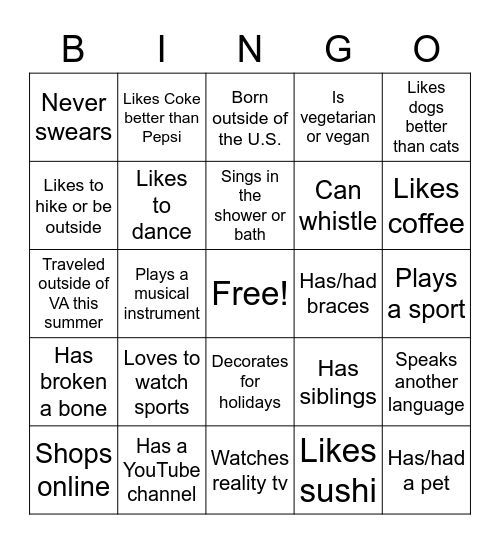 Get to Know You BINGO Card