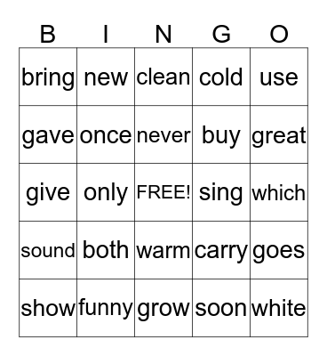 Sight Words Bingo Card