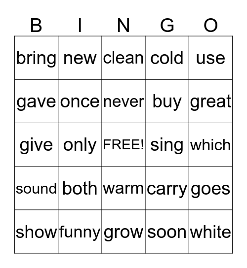 Sight Words Bingo Card