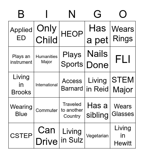 Navigating Barnard Icebreaker Bingo Card