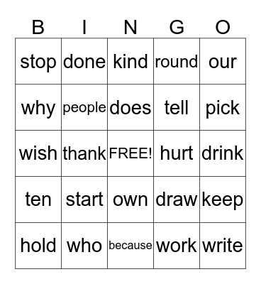 Sight Words Bingo Card