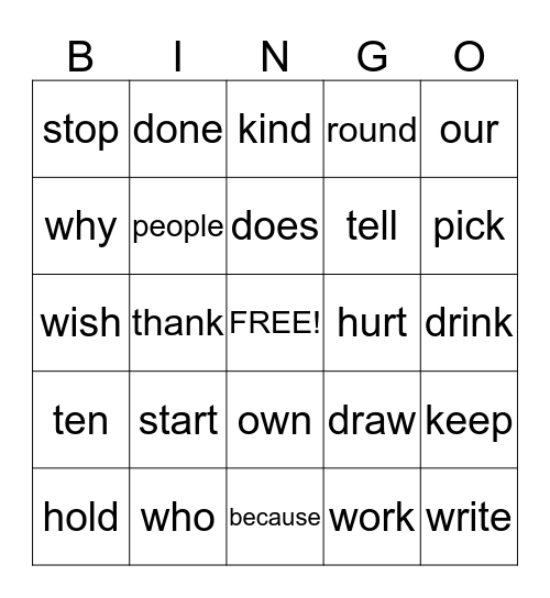 Sight Words Bingo Card