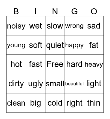 Adjectives (Describing Words) Bingo Card