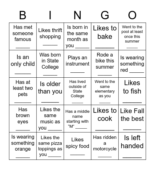 only use a person once! Bingo Card