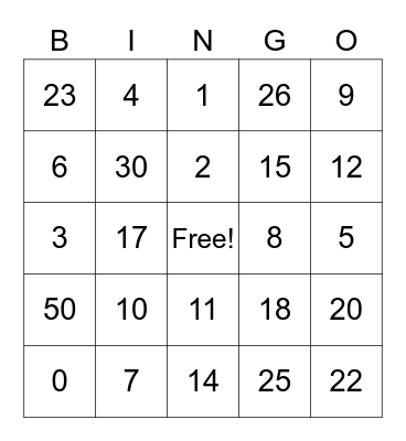 Addition and subtraction BINGO Card