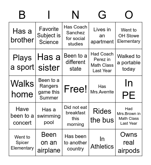 Know your Classmates Bingo Card