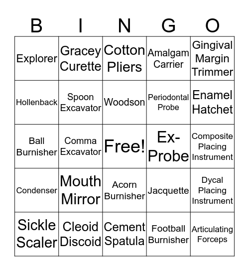 Dental Instruments Bingo Card