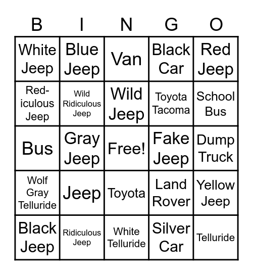 CAR Bingo Card
