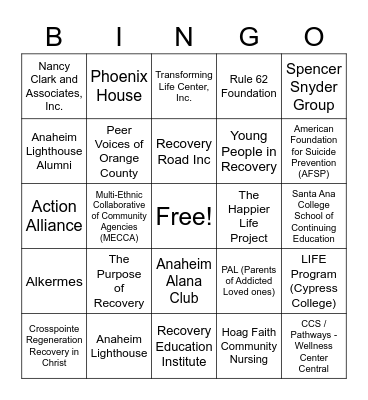 OC Recovery Connection Rally 2022 Bingo Card