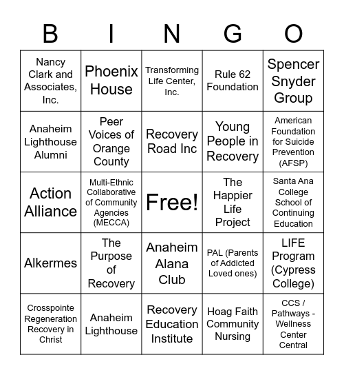 OC Recovery Connection Rally 2022 Bingo Card