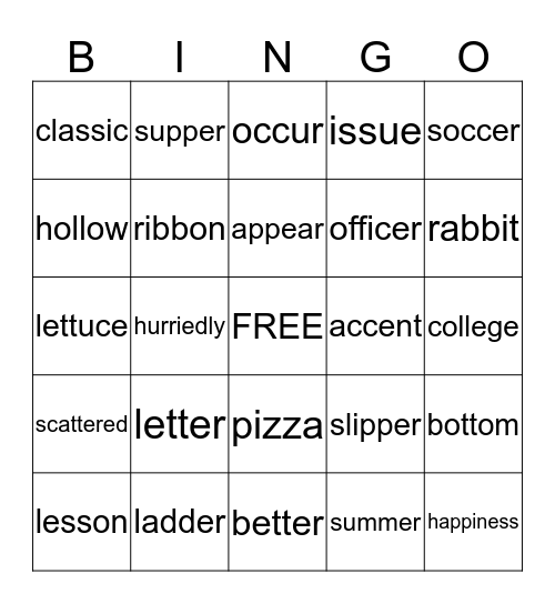 4th Grade SW Lesson 7 Bingo Card